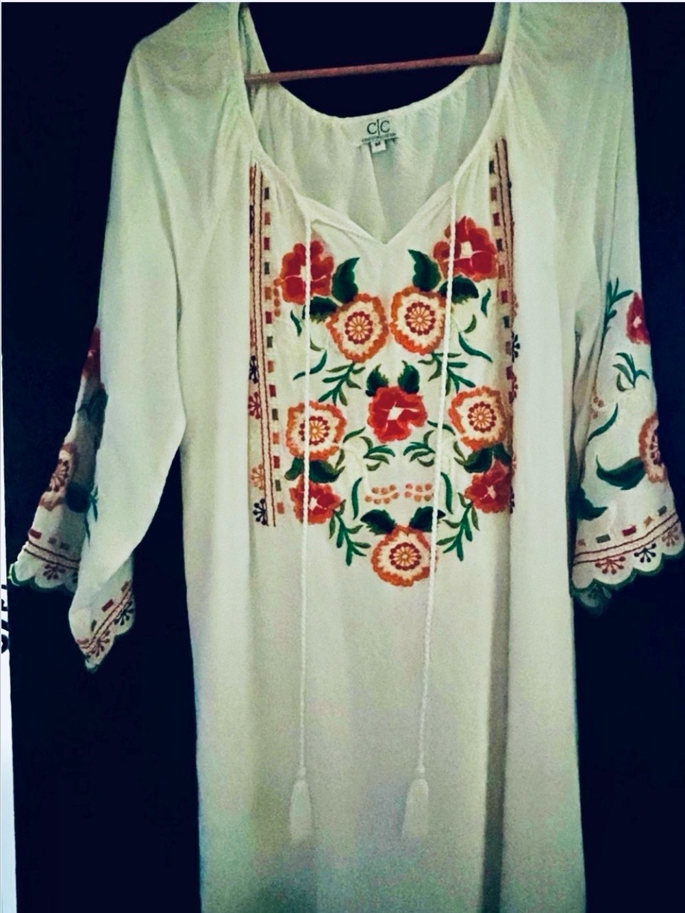 White Embroidered Floral Peasant Dress